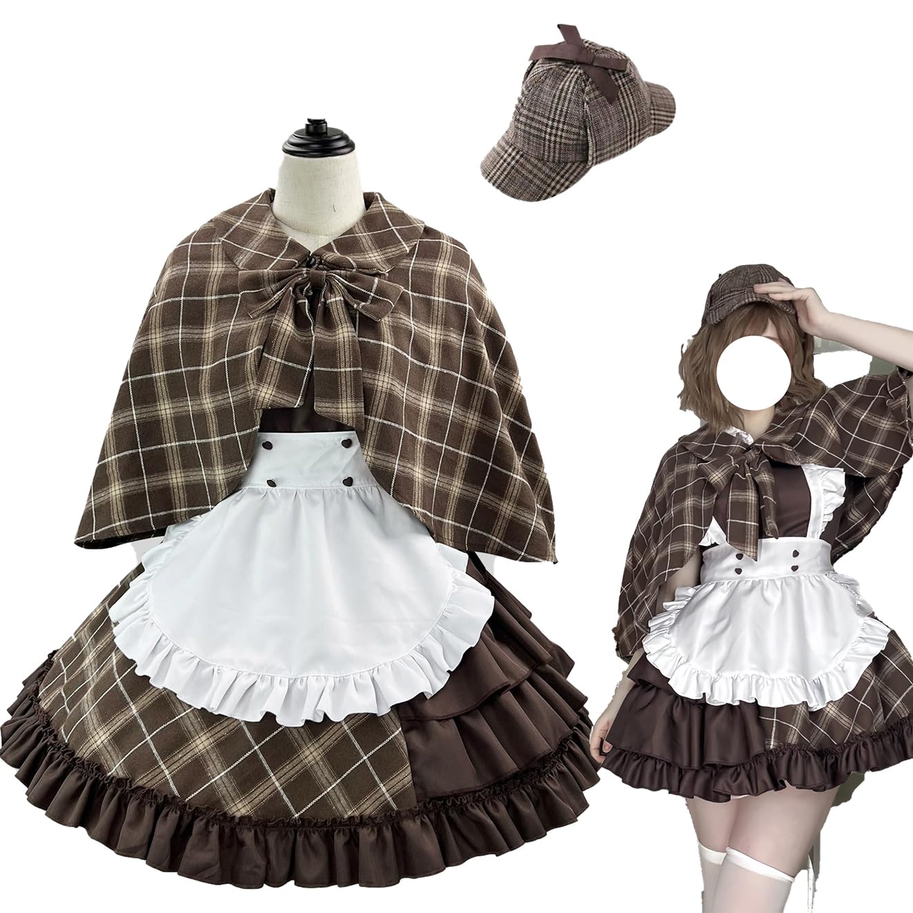 

CAWILXHA Lolita Maid Cosplay Long/Short Sleeve Detective Lolita Dress with Apron and Cloak, Cute Forest Girl Costume for Women, Popular for High Schoo