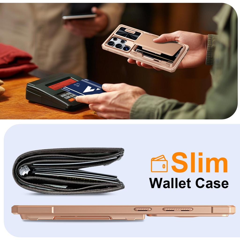 With Card Holder Sliding Camera Cover And Stand For Samsung Galaxy S25 Ultra Phone Case, Anti-Fall PC+TPU Wallet Case-Champagne
