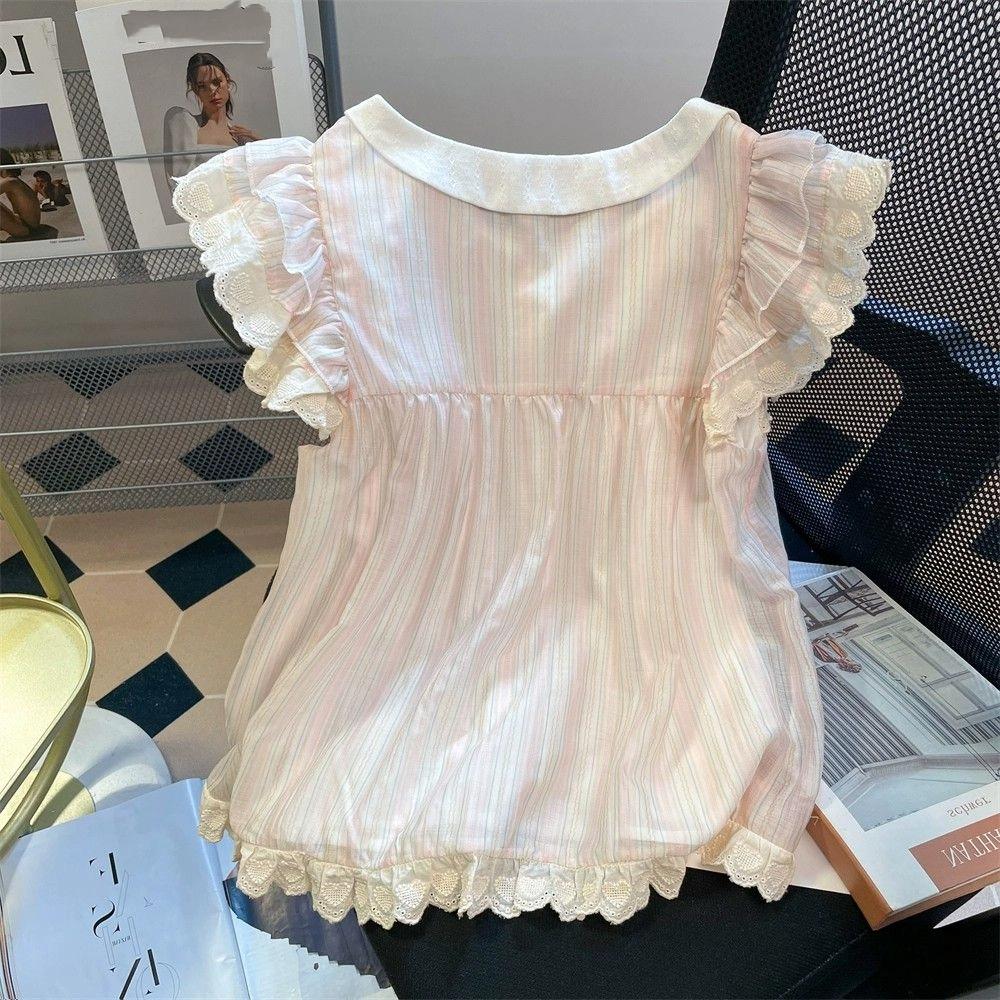 French Sweet Lace Bow Short-sleeved Blouse Summer Loose Striped Japanese-style Top