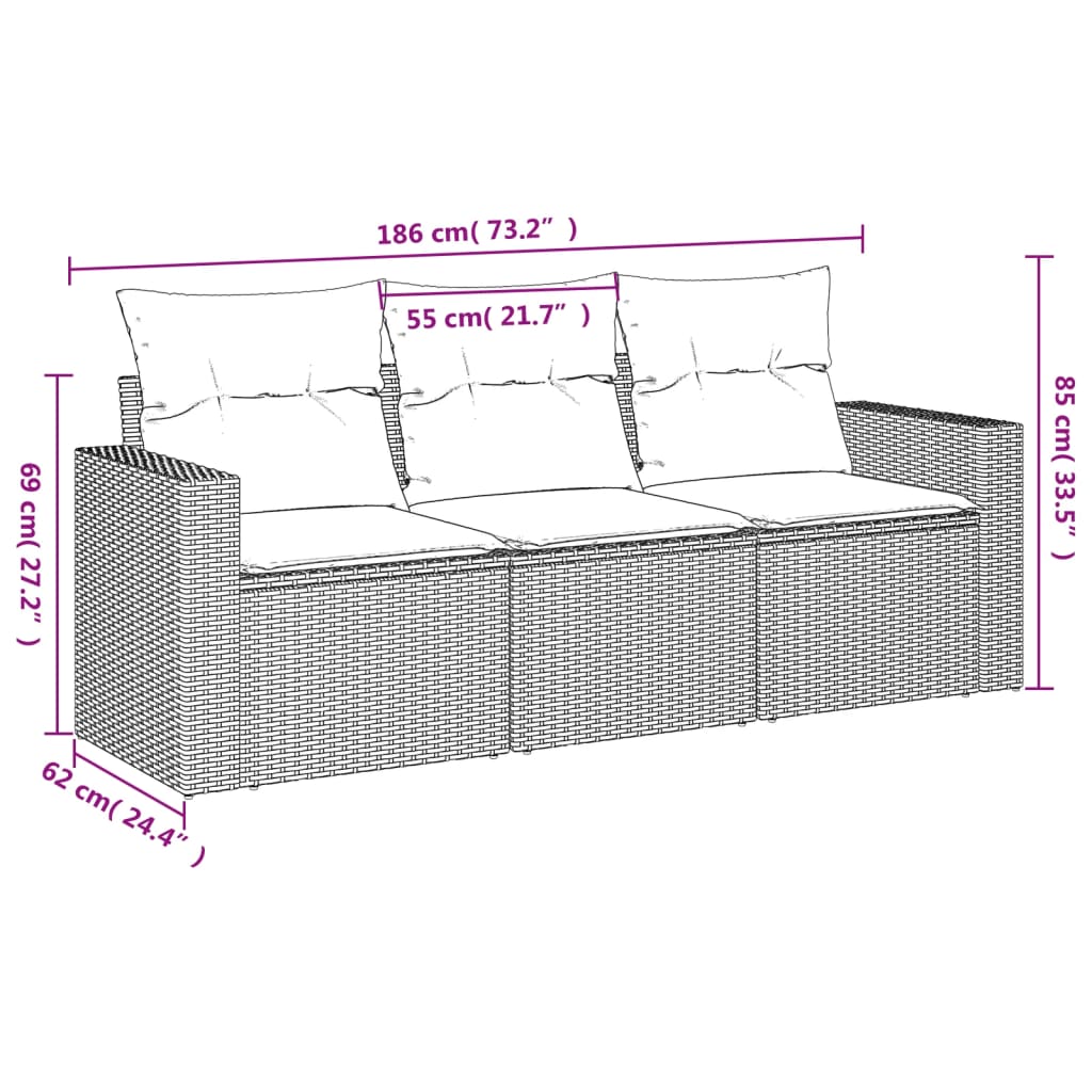 3 Piece Garden Sofa Set with Cushions Gray Poly Rattan