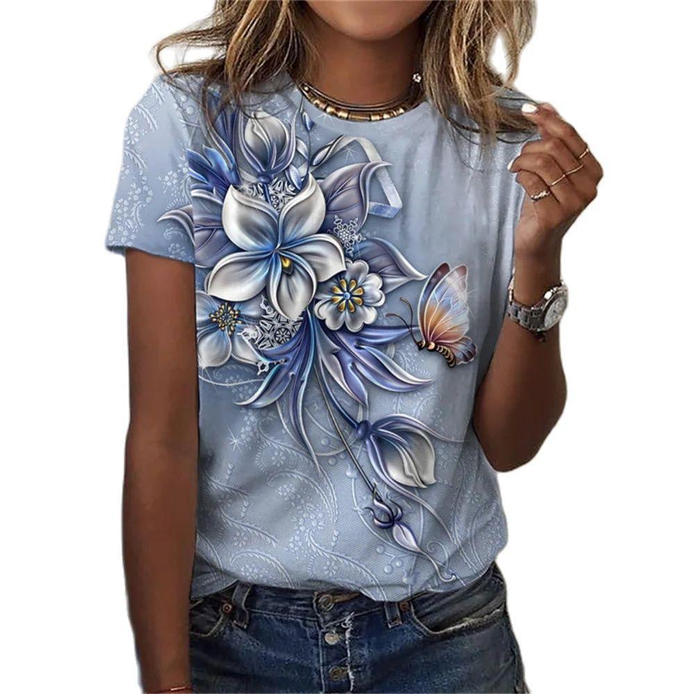 Summer 3D Flower Print Female Short Sleeve T-Shirt New T Shirt for Women's Clothes Fashion Tops