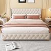 Upholstered Bed 180*200cm with Slatted Frame and Headboard, Button Tufting, Stud Upholstery, Wooden Legs, Linen, Beige
