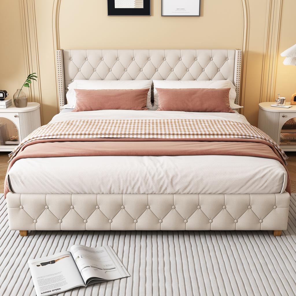Upholstered Bed 180*200cm with Slatted Frame and Headboard, Button Tufting, Stud Upholstery, Wooden Legs, Linen, Beige