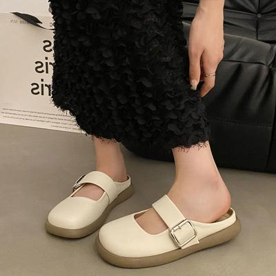 French Retro Bag Head Silver Half Slippers Women's New Soft Bottom Flat Bottom One Pedal Slippers Women's Summer Wear