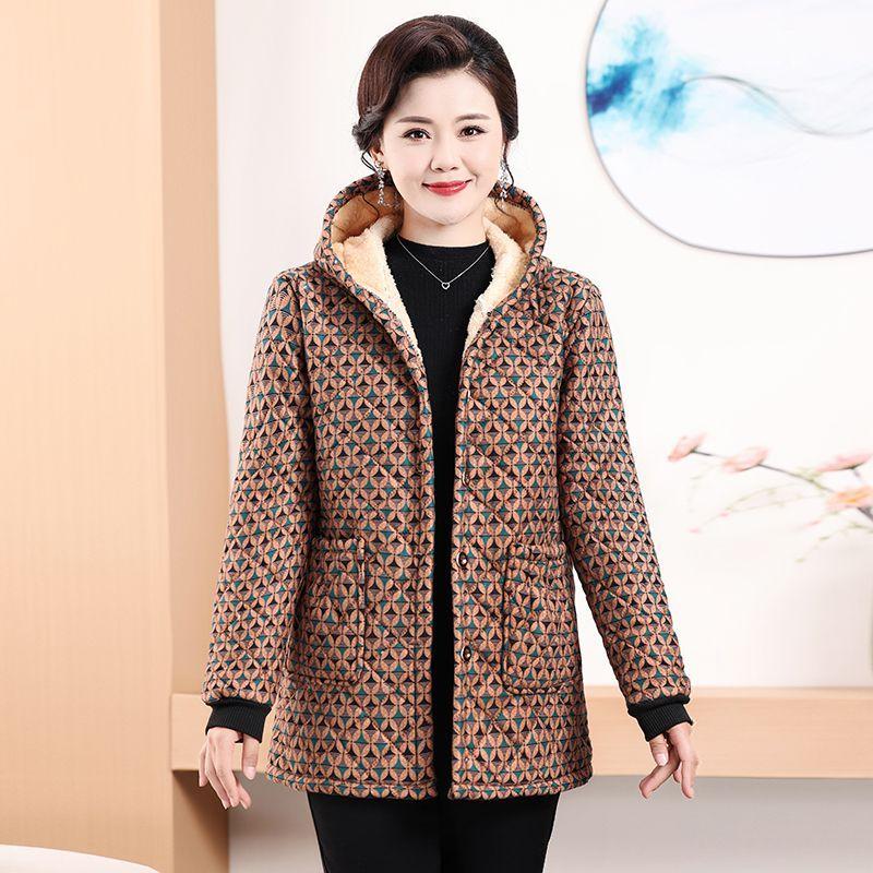 

Женская зимняя куртка с капюшоном, длинным рукавом, на пуговицах, более плотная куртка с цветочным принтом, хлопковая подкладка 4XL