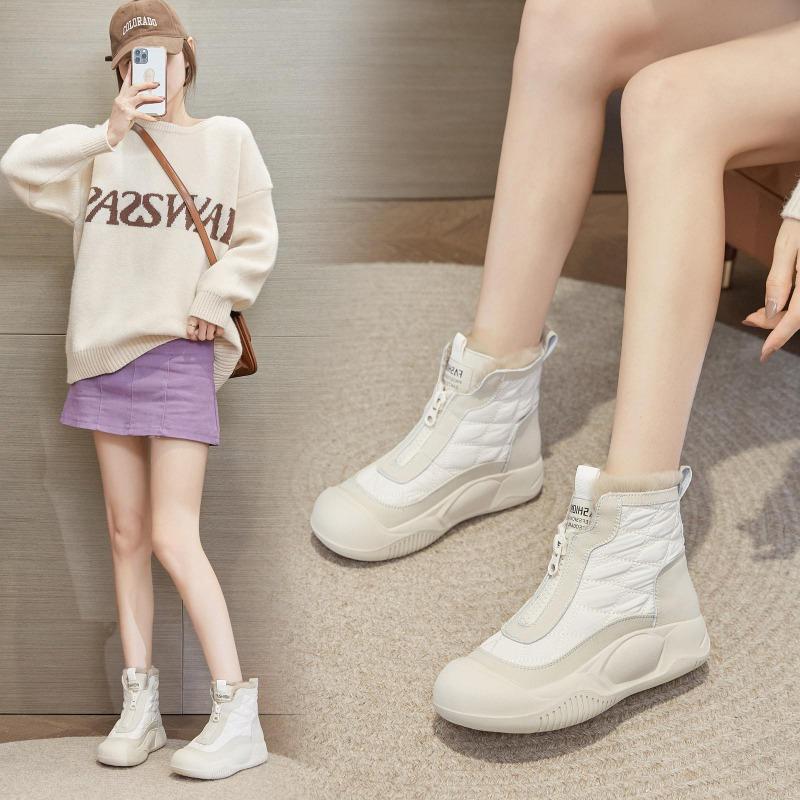 2025 Winter Genuine Leather Shoes Women Snow Boots Non-slip Height Increasing 4.5cm Warm Women Ankle Boots Black White