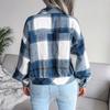 Fall Women Jacket Contrast Color Plaid Print Turn-down Collar Single-breasted Fake Pocket Long Sleeves Loose Commuting Coat