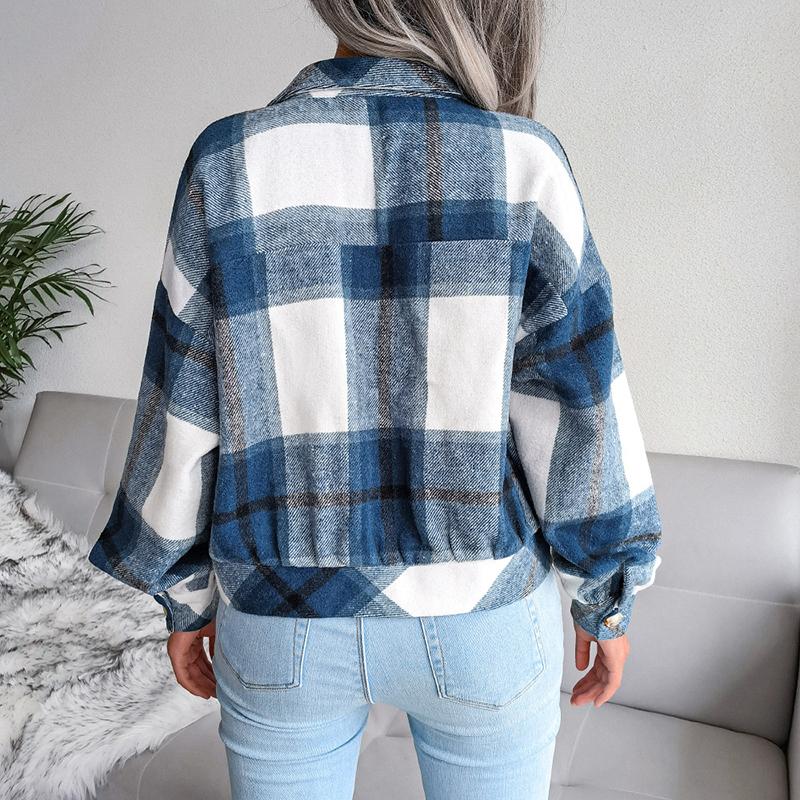 Fall Women Jacket Contrast Color Plaid Print Turn-down Collar Single-breasted Fake Pocket Long Sleeves Loose Commuting Coat