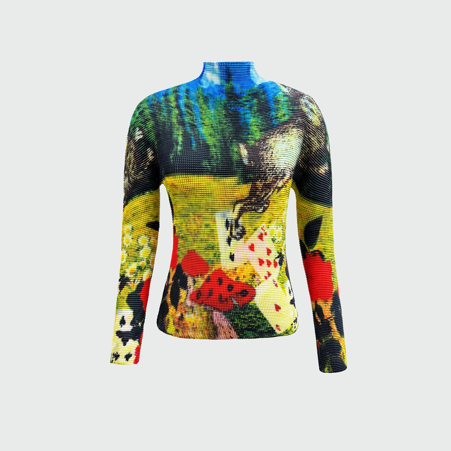 Women s 2025 Slimming Pleated Long Sleeve Colorful Print Turtleneck Top One Size