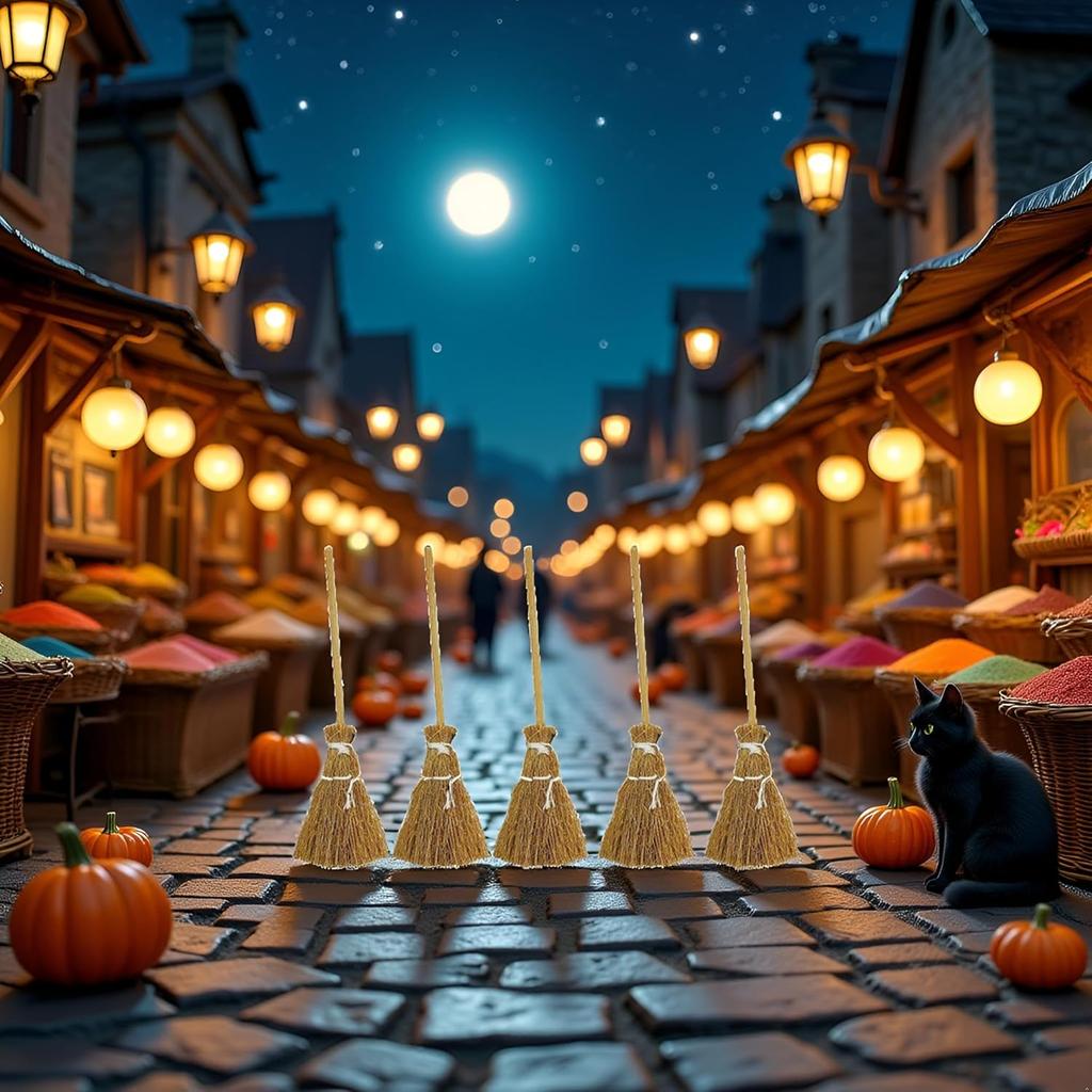 5 Pcs Witch Broomstick Set - Miniature Broom Props, Fairy Decoration, Cinnamon Broom, with White Ropes Halloween Straw Craft Decoration Witches