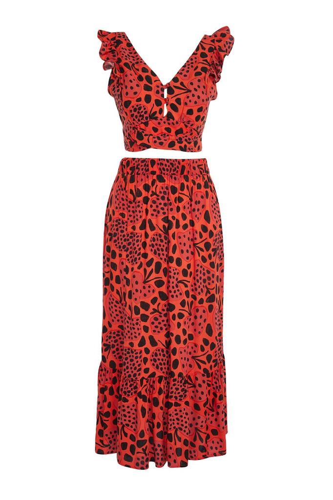 Women's Style Bottom-Top Set Clothes Floral Patterned Woven Flounce Blouse Skirt Set