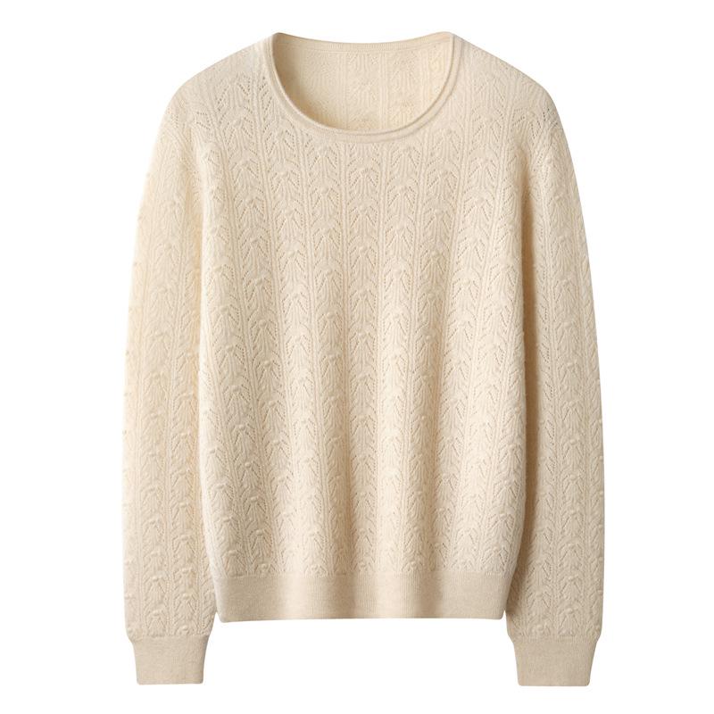 Autumn/Winter Pure Cashmere Floral Knit Sweater: Loose Fit, Rolled Hem, Round Neck, Long Sleeve