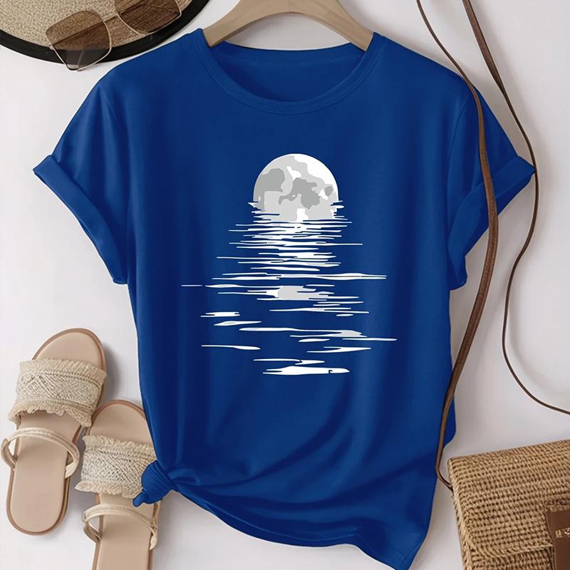 Women Summer T Shirt Moon Print Retro Fashion Short Sleeve Tees Casual   Printed  Tops