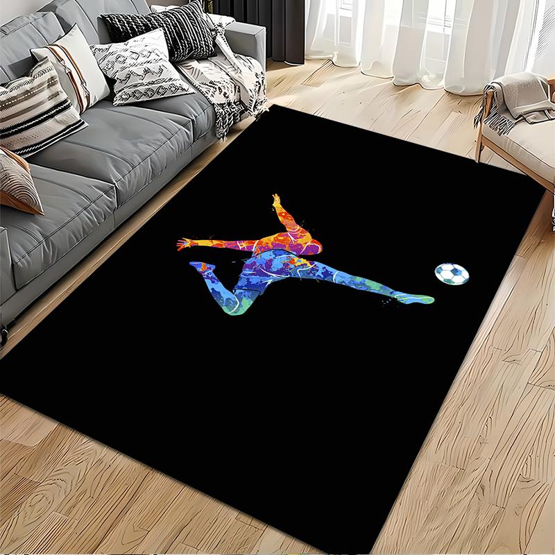 Colorful Soccer Player Kick Design Rug - Non-slip rug suitable for living room and bedroom sofas.