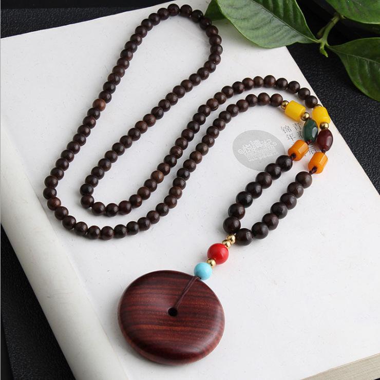 Indische Lobuläre Rotsandelholz Retro Ethno Stil Halskette, Sicherheitsverschluss egal Marke, Literarische Herren- und Damen-Lange Pulloverkette Anhänger
