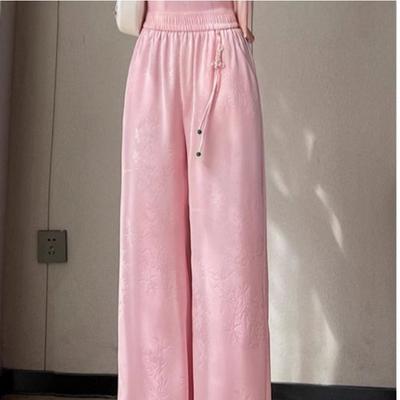 Chinese Jacquard Satin Wide-leg Pants for Women In Summer High Waist Drooping Chinese Style Pendant Tassel Straight-leg Casual Pants