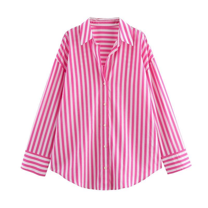 Women S Loose Fit Long Sleeve Collared Striped Casual Shirt