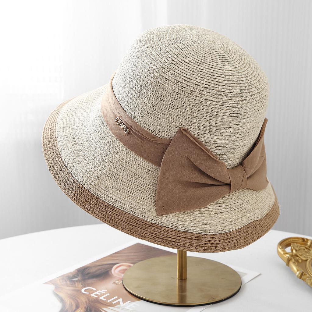 Straw Hat High-end Fine Grass Warped Edge Bow Women's Small Top Hat Small Edge Straw Hat Sun Protection Sunshade Basin Hat Fisherman