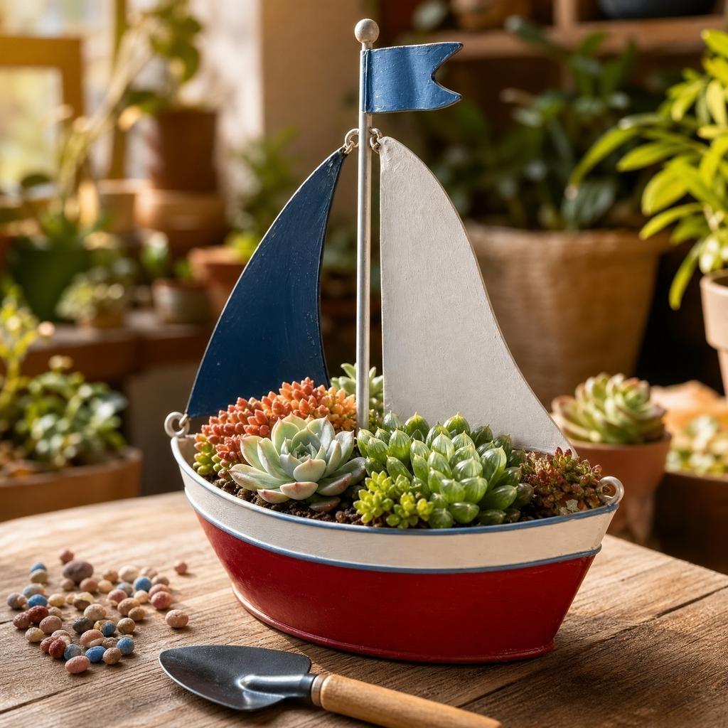 Decorative Sailboat Shaped Planter Outdoor Wall Mounted Flower Pot Holder for Succulent Plants and Home Garden Decoration