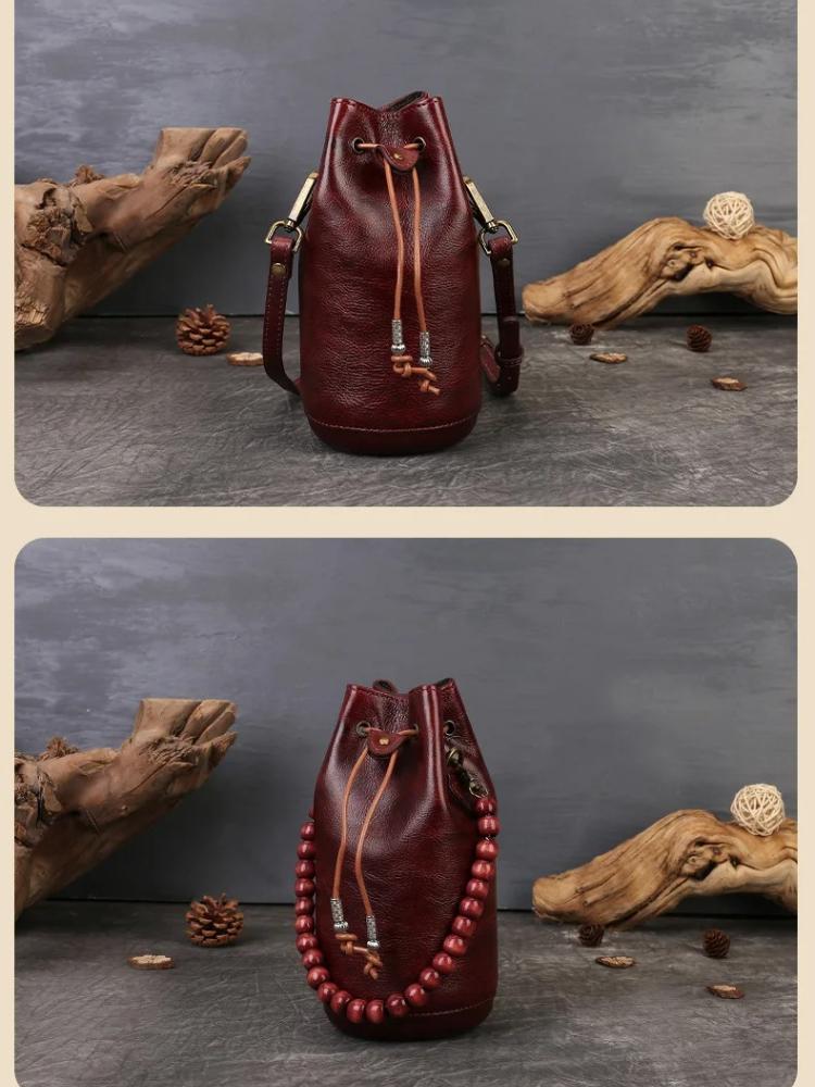 Johnature Geantă de umăr de damă din piele naturală lucrată manual, geantă crossbody retro cu șnur, mini geantă tip găleată de mână