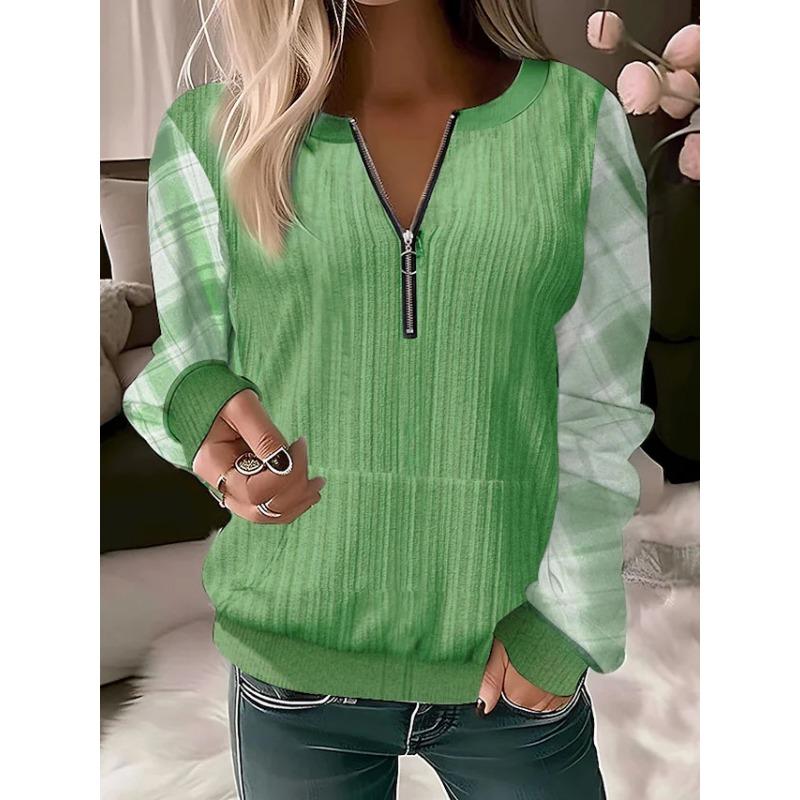 Autumn and Winter Women's Plus Size Long Sleeve Pullover Printed V-Neck Zip Top