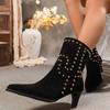 Women's Mid-calf Boots Retro Rivet Short-tube Chelsea Boots Fashion Pointed High Heeled Boots for Women Suede Cowhide Ankle Boot