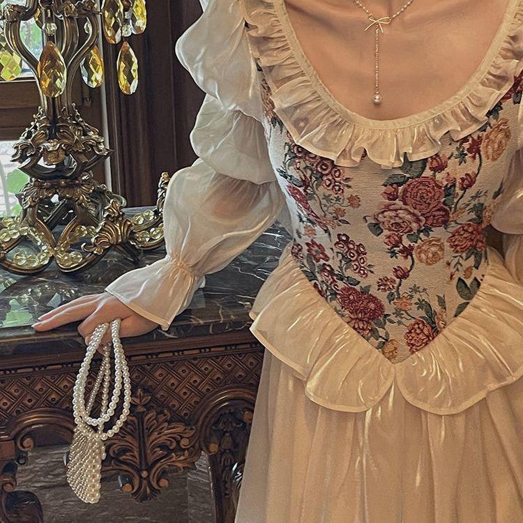 Spring and Summer French Retro Palace Style Round Neck Bubble Long-sleeved Princess Dress Fairy Long Skirt