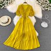 Seaside vacation desert big swing dress travel Bali beach dress super fairy V-neck lace lace dress summer