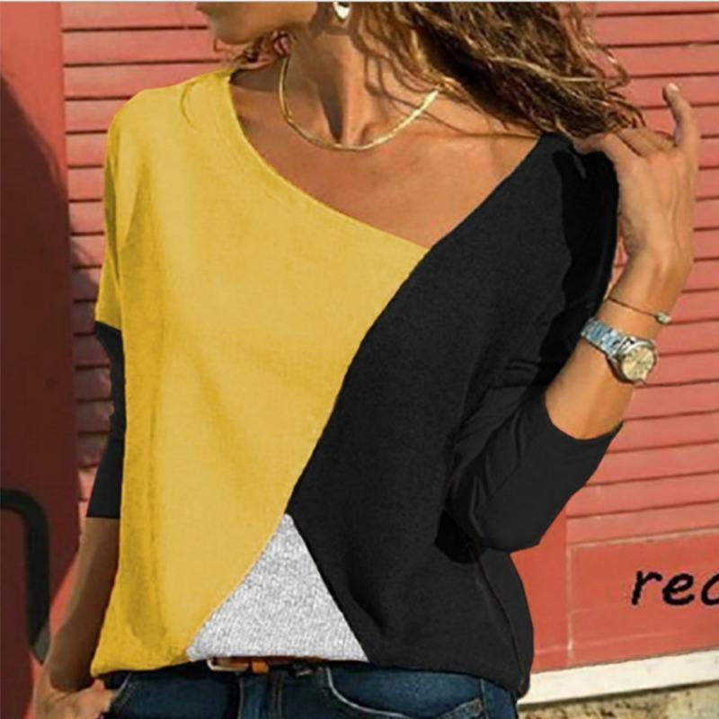 Splicing Contrasting Round Neck Long Sleeved Casual T-shirt for Women