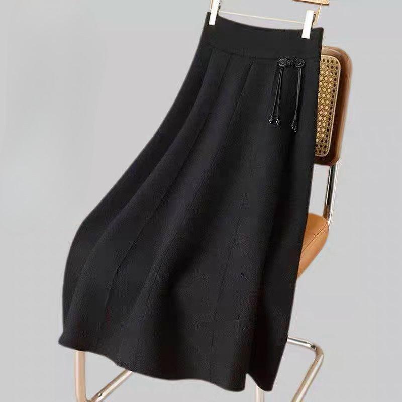 Chinesischer dicker Wollstrick-Midirock mit Froschknöpfen A-Linien-Flatterrock für den Herbst