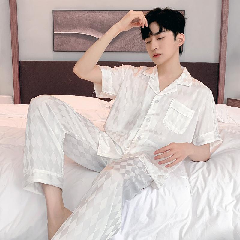 Cool satin jacquard pajamas men's summer ice silk short-sleeved trousers can be worn outside men's silk loungewear in summer