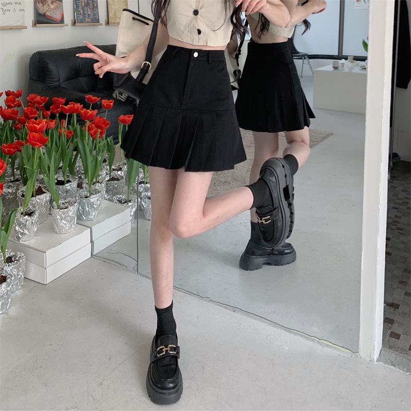 High-Waist Black Pleated A-Line Skirt for Women, Summer 2024 - Anti-Exposure & Slimming Design