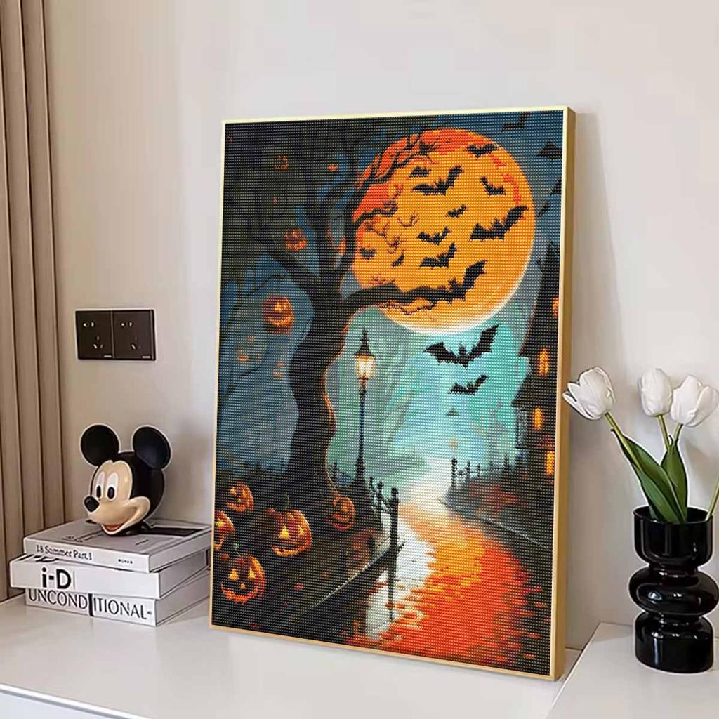 5D Diamond Painting Kit Halloween Moon Tree Pumpkin Bats Pattern DIY Rhinestone Art Canvas Relaxing Craft for Wall Decor Gift