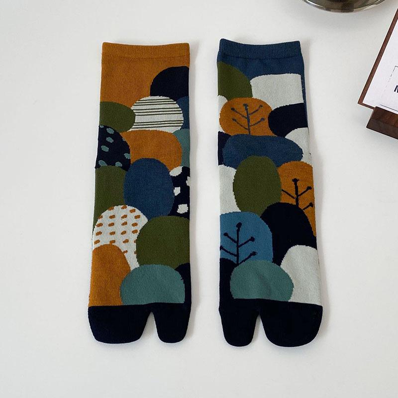 Chaussettes colorées jacquard à deux orteils pour femmes Coton peigné Douces Respirantes Chaussettes à orteils séparés Drôles Chics Plantes Léopard Rayées Chaussettes Tabi