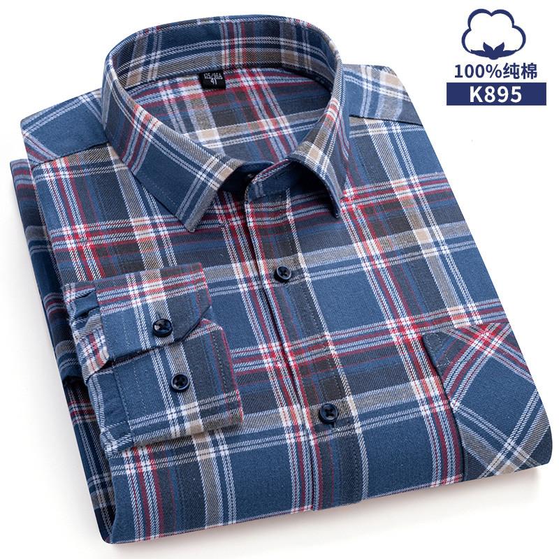 Oversized S~6XL Men's Plaid Shirt Long Sleeve Autumn Spring Soft Standard Fit 100% Cotton Brushed Outerwear Casual Man Clothing
