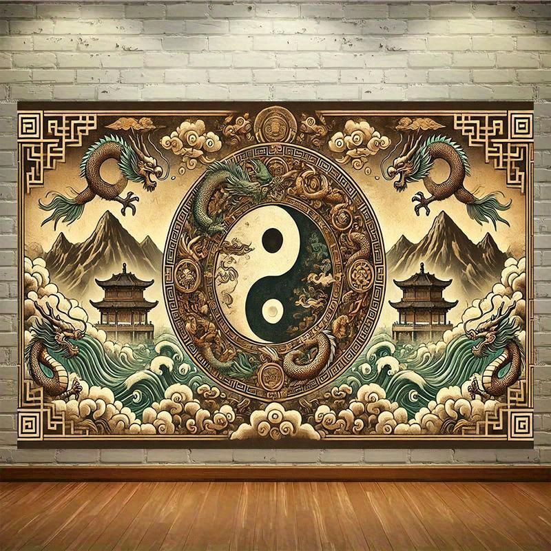 Jmg Household Supplies Unisex Oriental Tai Chi Dragon Wall Hanging Tapestry, Traditional Chinese Auspicious Totem Art Decor Fabric, Peaceful Zen Ornament For