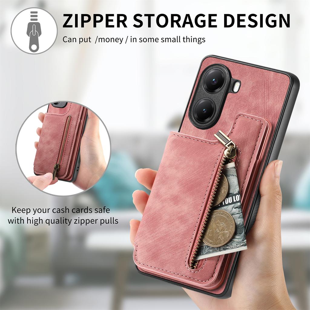 Etui dla Xiaomi Poco X7 Pro 5G/Xiaomi Redmi Turbo 4 5G z kieszonką na karty zapinaną na zamek, retro skórzane etui TPU na telefon