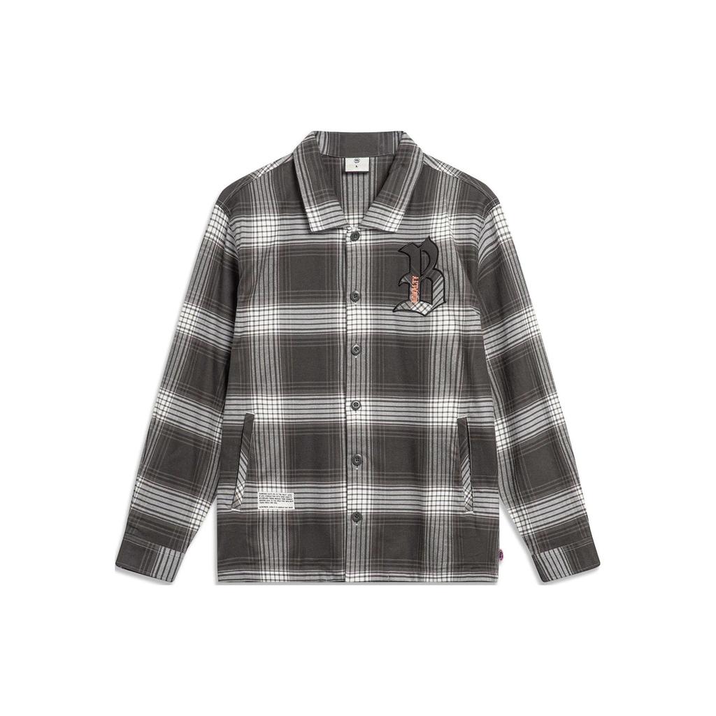 Li Ning Badfive Plaid Letter Print Square Neck Loose Casual Long Sleeve Shirt Men Shirts AFDT855-3