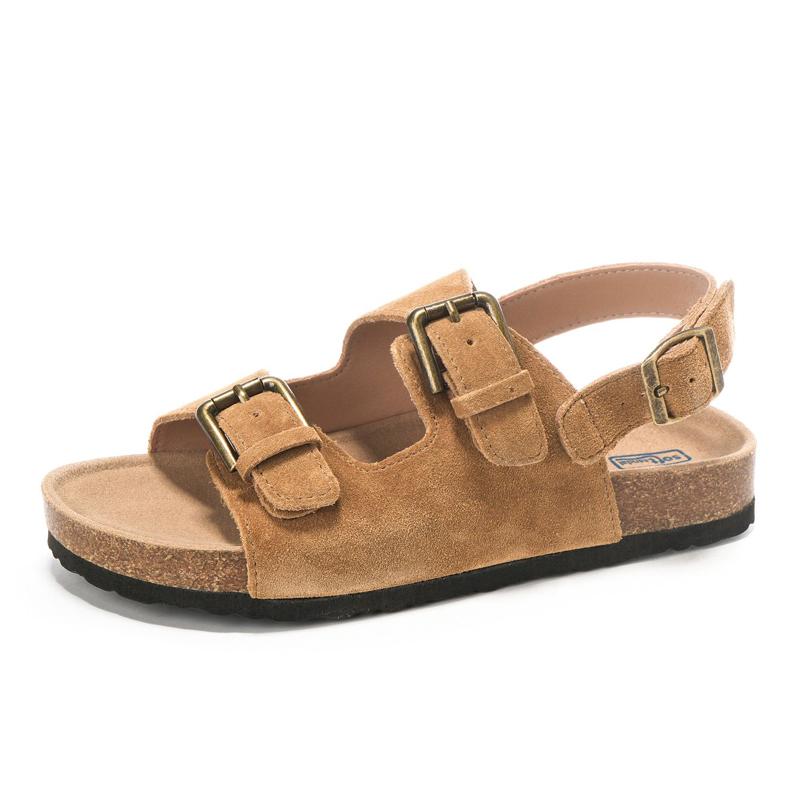 Fashion 2024 Summer Women's Sandals Cow Suede Leather Cork Sandals Woman Two Buckle Outdoor Beach Sandals Girls Retro High Quality