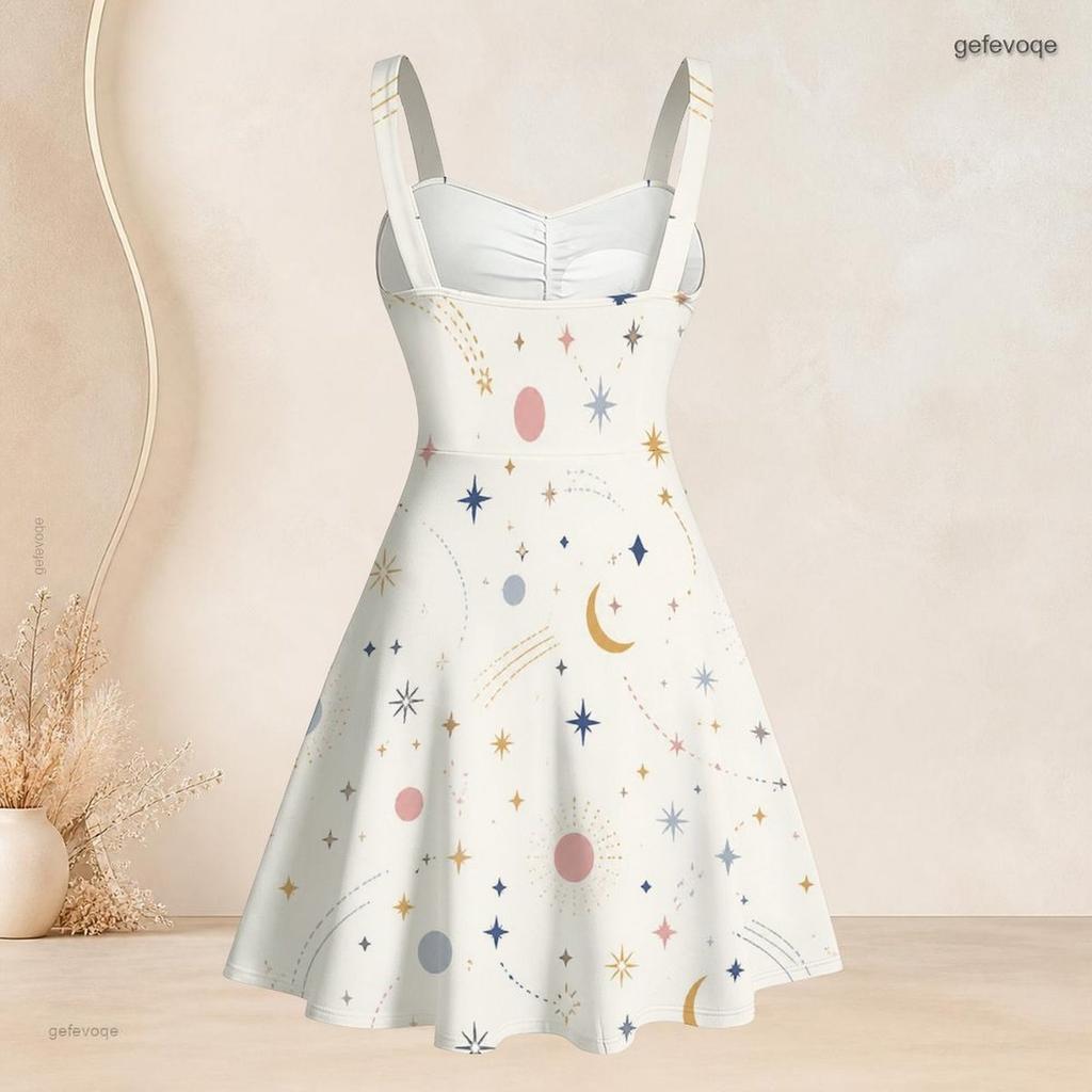 Women Plus Size Spaghetti Strap Off Shoulder Dress Constellation Shooting Star Celestial Print Swing Dress