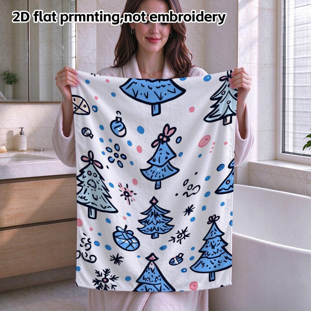 Cute Blue Doodle Christmas Tree Towel, Soft Absorbent Quick Dry Festive Bathroom Towel