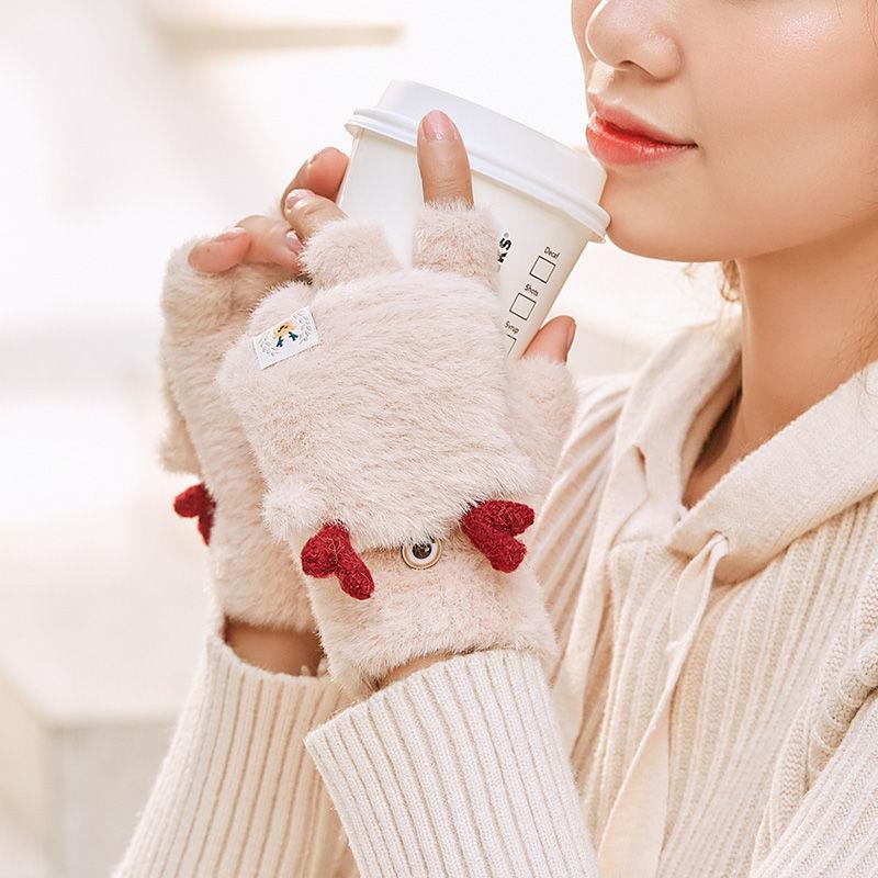 Antlers gloves female winter student flip half finger cute Korean version tide cartoon warm plush writing plush Christmas