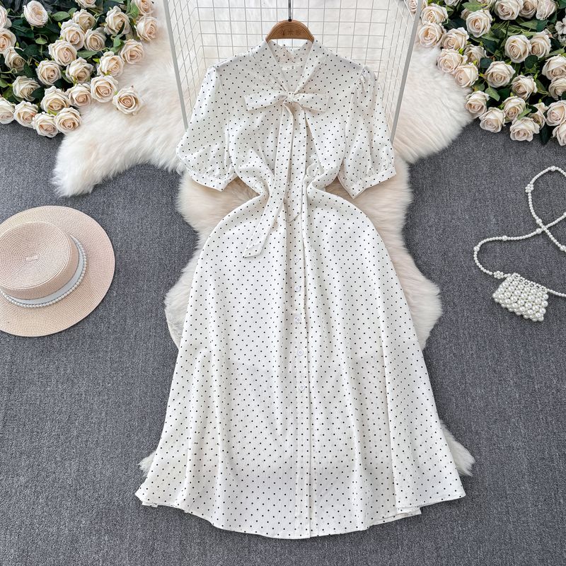 

Французское классическое платье с коротким рукавом в горошек, женское, лето 2024, новое поступление, офисное, универсальное, средней длины, длинное, юбка А-силуэта White One size