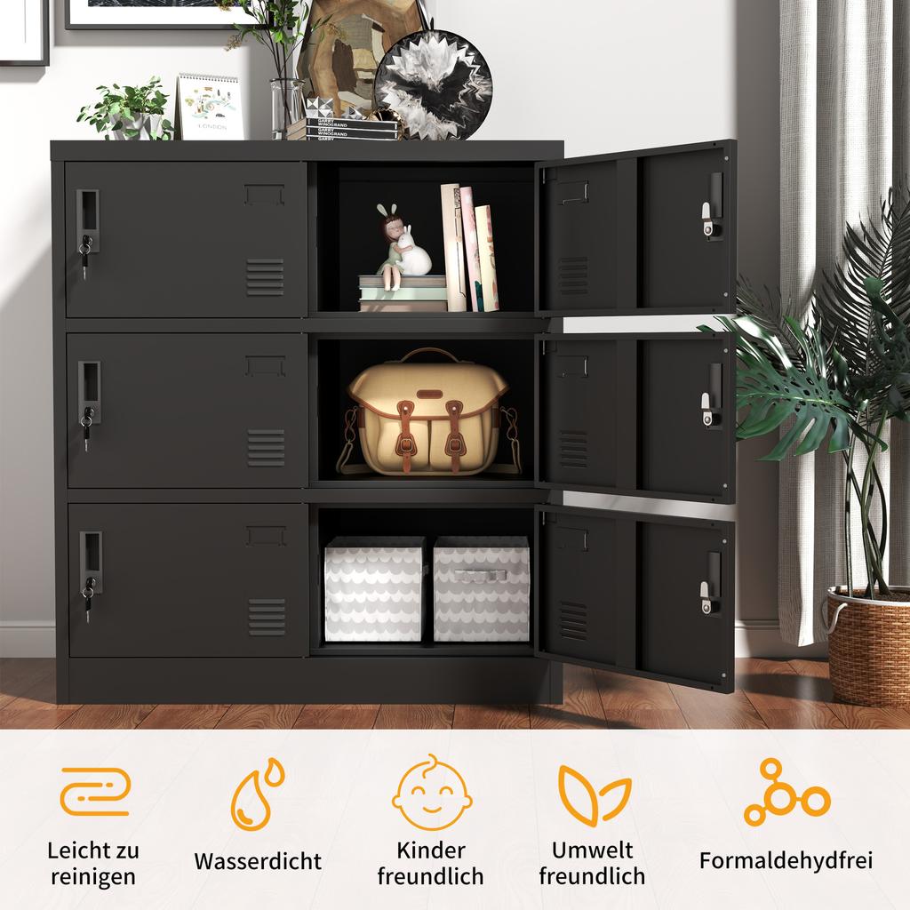 6-Door Metal Cabinets for Office, Gym, School & Home - Secure Storage Cabinet with Card Slot (Black). H 100 cm × B 90 cm × T 40 cm