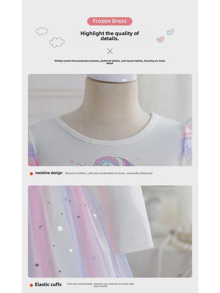 2025 Girls' Unicorn Rainbow Princess Dress: Long Sleeve, Sequined Mesh, Spring/Autumn Birthday Outfit