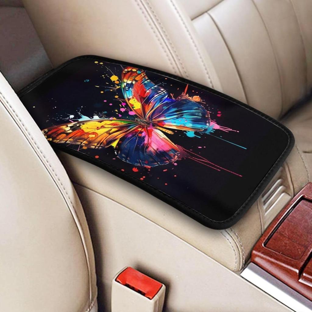 Universal Car Center Console Cushion Pad, Purple Butterfly Soft Waterproof Car Center Console Cover Auto Armrest Seat Box Cover Protector for Most