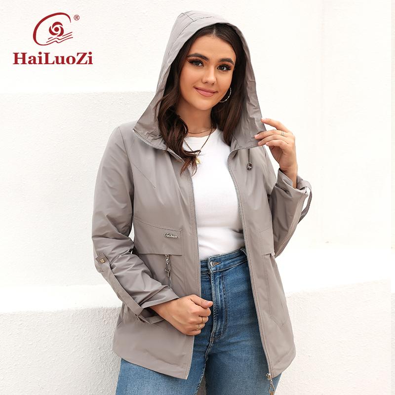 HaiLuoZi 2022 Frühjahr Damen Trenchcoat Einfarbig Schlichtes Design Lässige Windjacke Mode Kurzer Reißverschluss Weibliche Oberbekleidung 9735