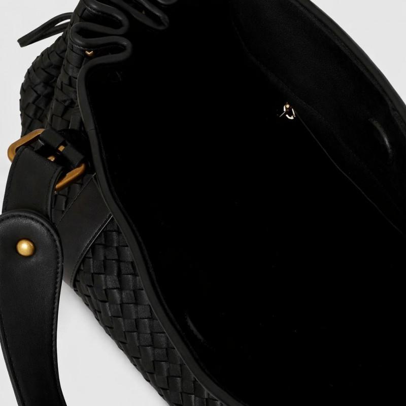 Large Capacity Woven PU Leather Tote Bag Women Soft Structured Shoulder With Drawstring Detail