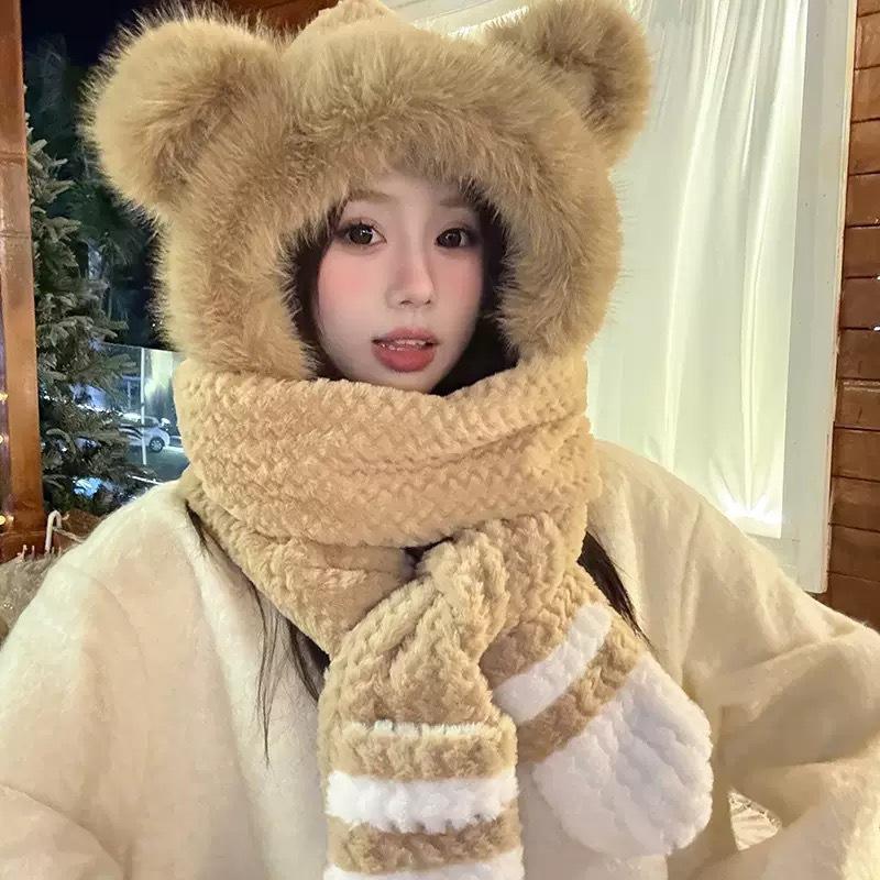 Cute bear ear hat, scarf, and gloves all-in-one, warm and cold-proof, thick plush ear protection cycling hat for women in autumn and winter