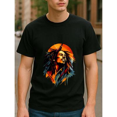 European Size Reggae Vocalist Color Avatar Music Retro Style Solid Color Print T-shirt | All-season Casual Style, Versatile Daily Top, Round-neck Top